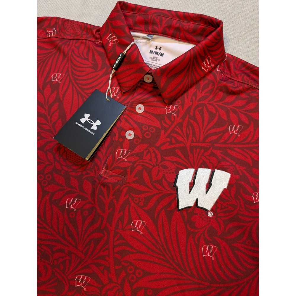 Wisconsin Badgers Shirt Mens Medium Red Under Armour Polo Performance Hawaiian